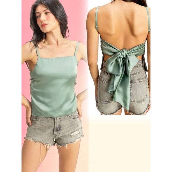 HYFVE Tops - HYFVE Sage Green Satin Silky Back Tie Cami Tank Top Bow Open Back NWT